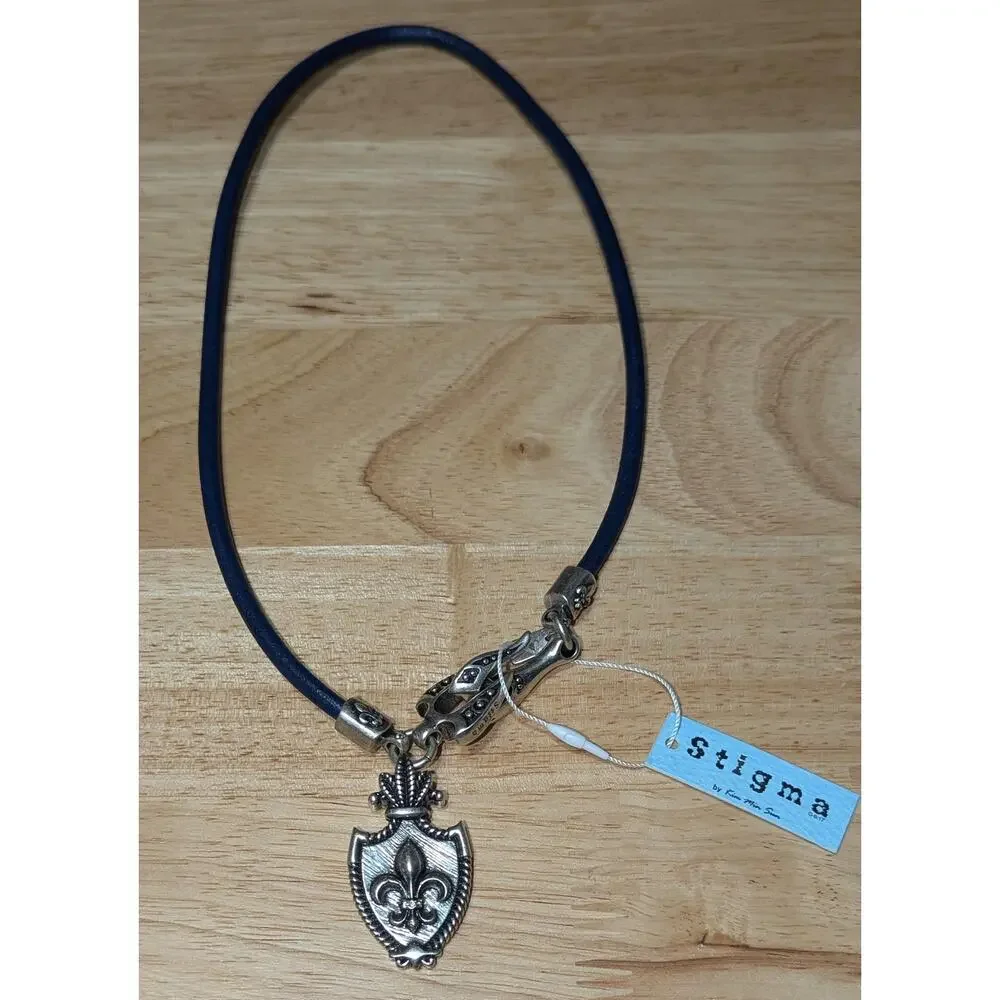 Stigma Mens Navy Blue Cord Necklace Silver Tone Fleur-de-Lis Shield Pendant NWT